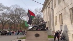 Anti-Israeli protesters raise Palestinian flag at Harvard University in spot reserved for US flag